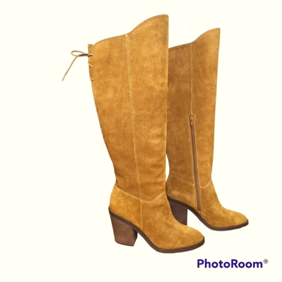 New Lucky Brand Size 9m Tan Genuine Suede Lace Up Back Knee-Length Boots Western